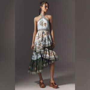 ALEMAIS Bath House Linen Halter Ruffle Midi Dress
